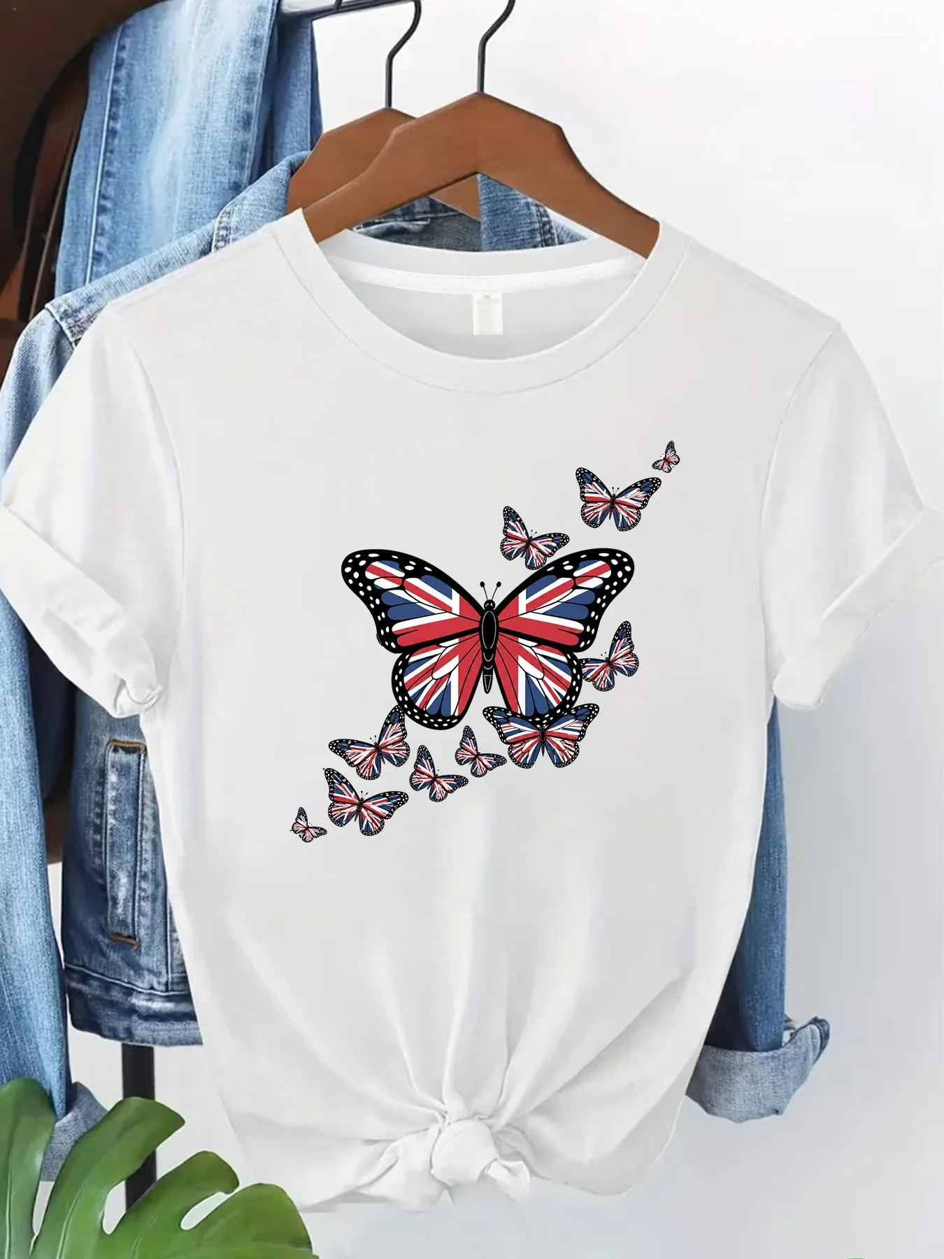 【SYJ082029】 women's T-shirt a group of flying butterfly printed T-shirt summer casual round-neck large-size women's top