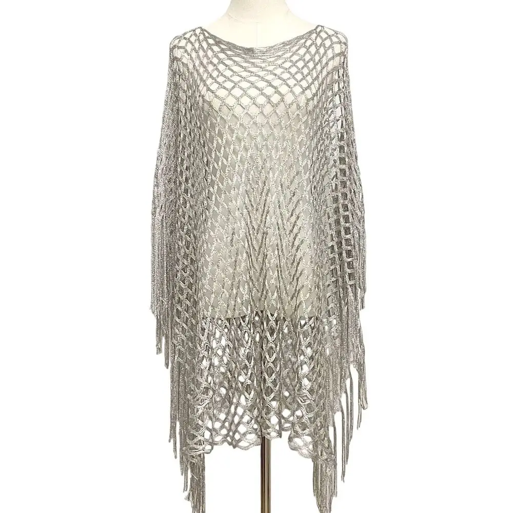 Oversized Gold Silver Wire Mesh Shawl Jacket Knitted Lace Beach Towel Tassels Long Sleeve Poncho Sun Protection