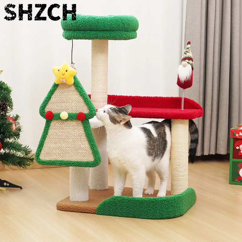 Xmas Series Cat Tree All-in-One Sisal Scratching Post Platform Durable Climbing Frame Non-Shedding Cat Toy
