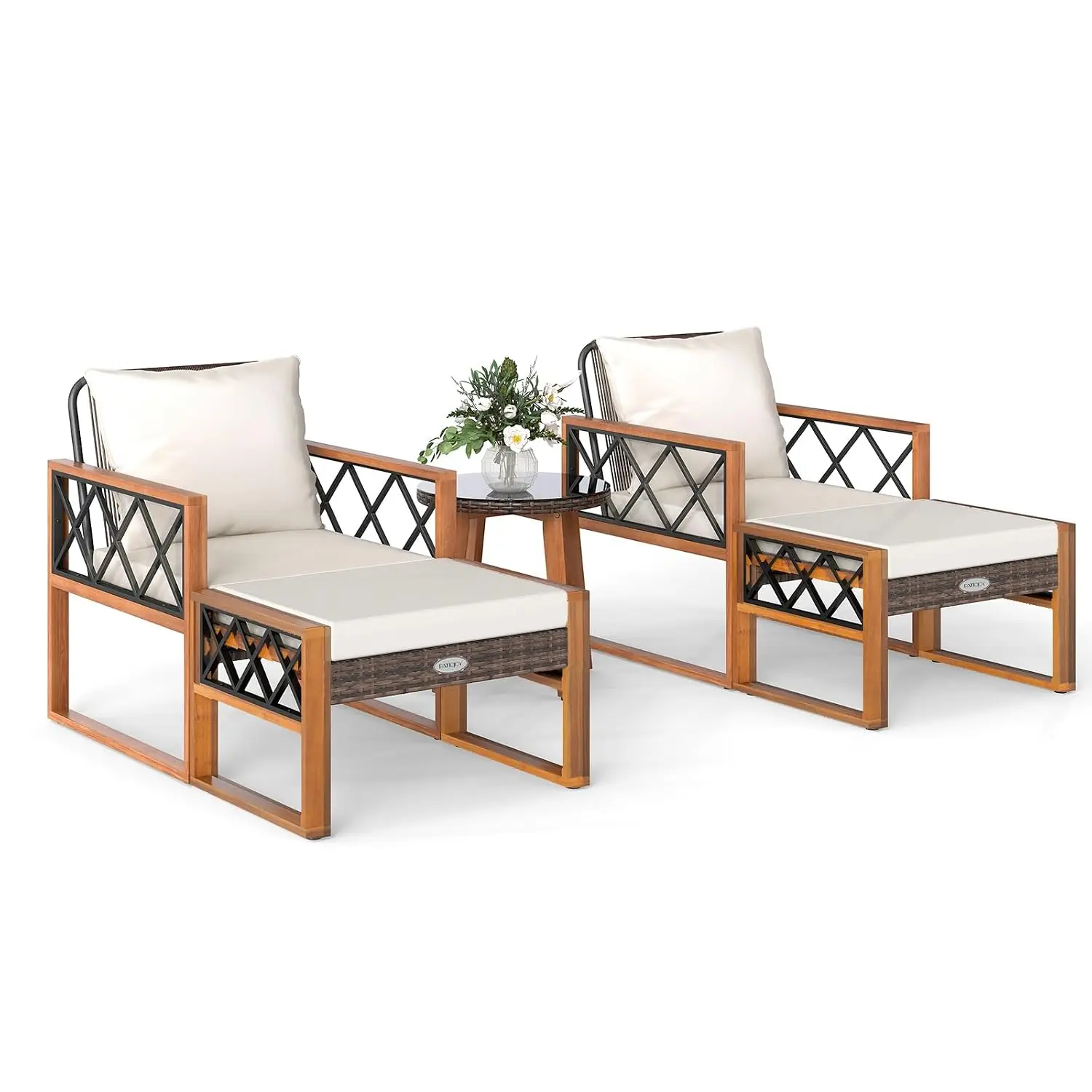 5-Piece Outdoor Rattan Patio Set, Acacia Wood Cushioned Chairs with Ottomans & 2-Tier Table for Porch Balcony Garden, Customized