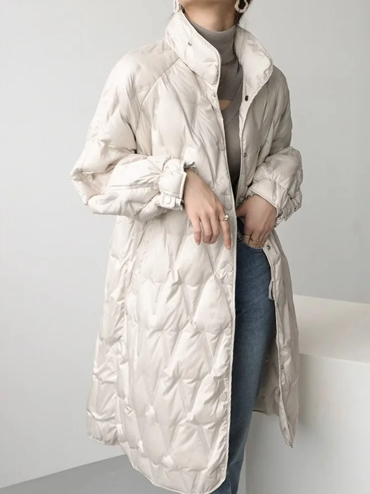 Women Winter Stand Collar Light Weight Long Down Jacket Vintage Loose Fit Belted Overcoat Rhombus Oversized White Duck Down Coat