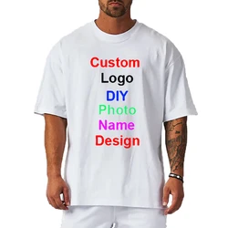 Camiseta de meia manga grande masculina, algodão, ombro com queda, camiseta solta de fitness, roupas de ginástica de verão, logotipo personalizado, design DIY