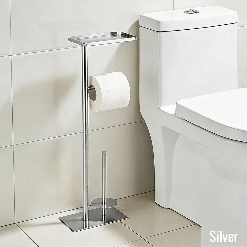 Stainless Steel Free Standing Toilet Paper Holder, Heavy Duty Toilet Roll Organizer, Space Saving Bathroom Storage Rack