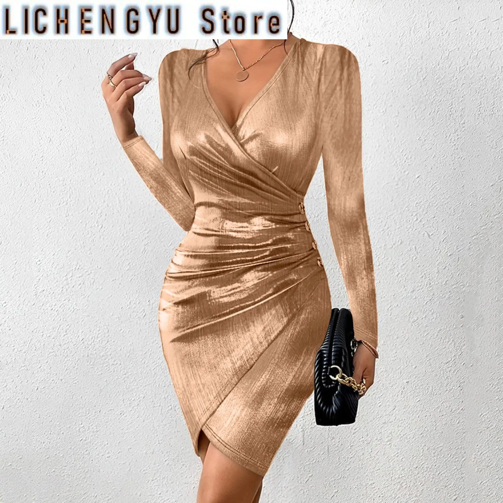 Metallic Color Ruched Hip Wrap Dresses For Women Deep V Neck Long Sleeve Slim Dress Reflective Binding Bandage Dresses