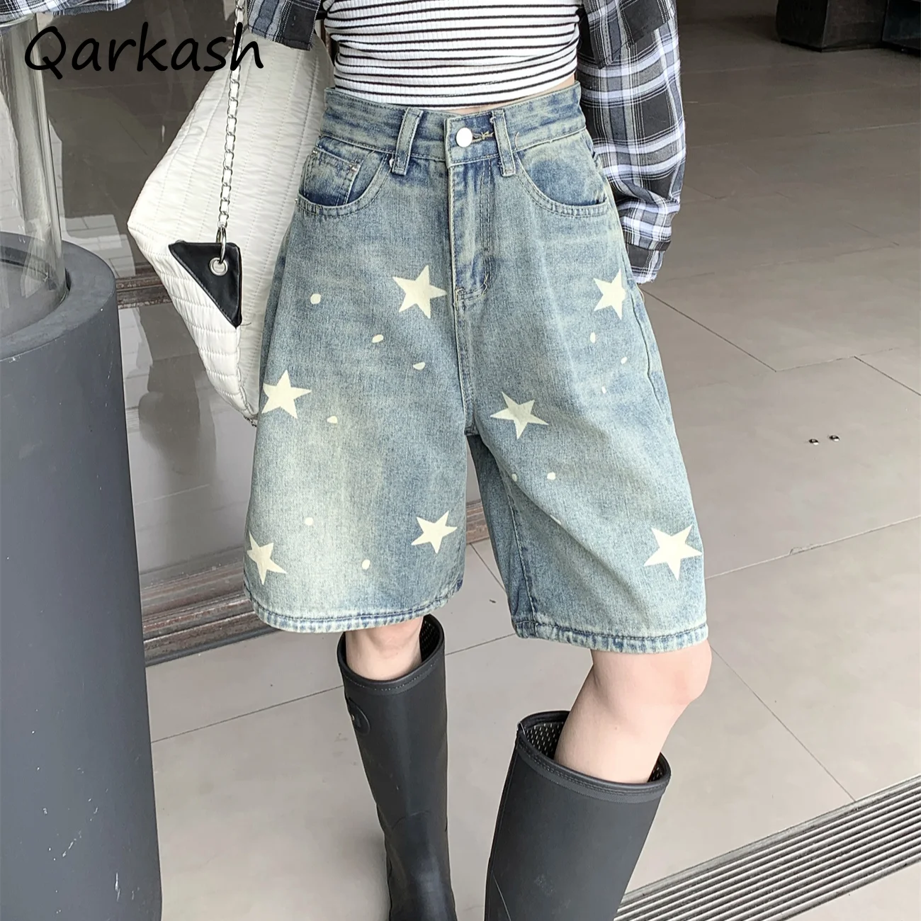 

Star Pattern Denim Shorts Women Streetwear Straight Loose Wide Leg Trousers Vintage Korean Style Casual Fashion All-match Cozy