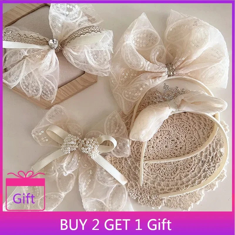 

Dreamy Princess Style 3D Petal Iridescent Tulle Rhinestone Crown Bow Kids Headband Hair Clip Ins Fairy Hair Accessory