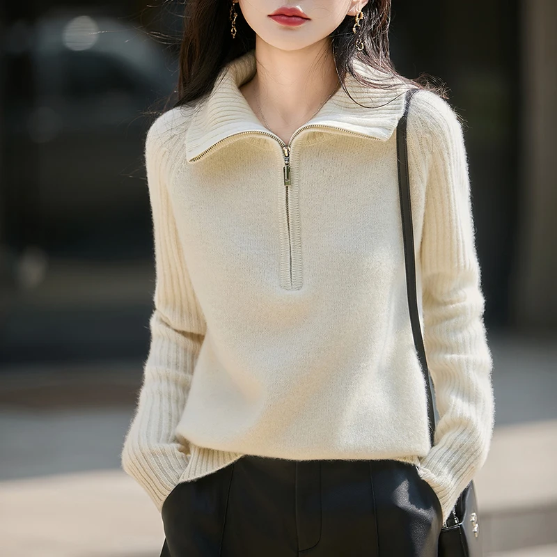 Damski sweter z wełny na jesień i zimę, z kołnierzem i zamkiem błyskawicznym, jednolity kolor, luźny i miękki, wysokiej jakości top.