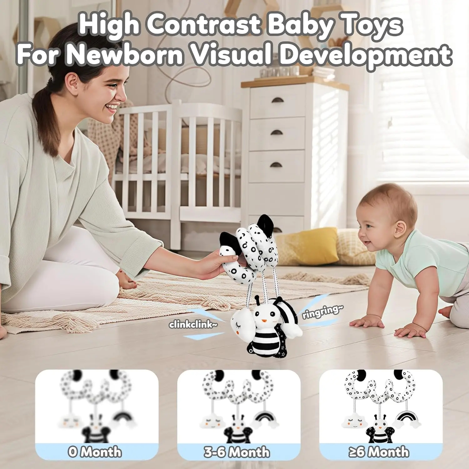 Juguetes para bebés con sonajero y Peep, asiento de coche sensorial de alto contraste y cochecito, juguete para cuna colgante en espiral para bebés de 0 a 6 meses