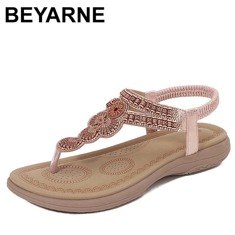 

Богемные простые европейские и американские удобные сандалии на плоской подошве со стразами, женские удобные сандалии в этническом стиле для отдыха и удобства