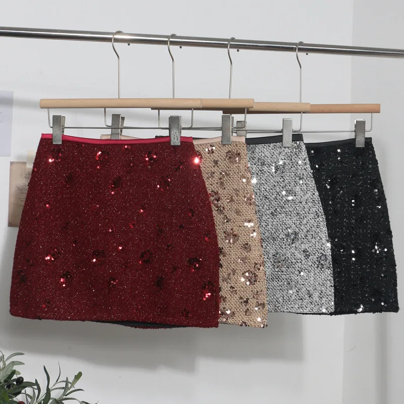 Women's sequined coarse woolen skirt 2026 new spring/autumn small fragrance style high waist slimming short skirt