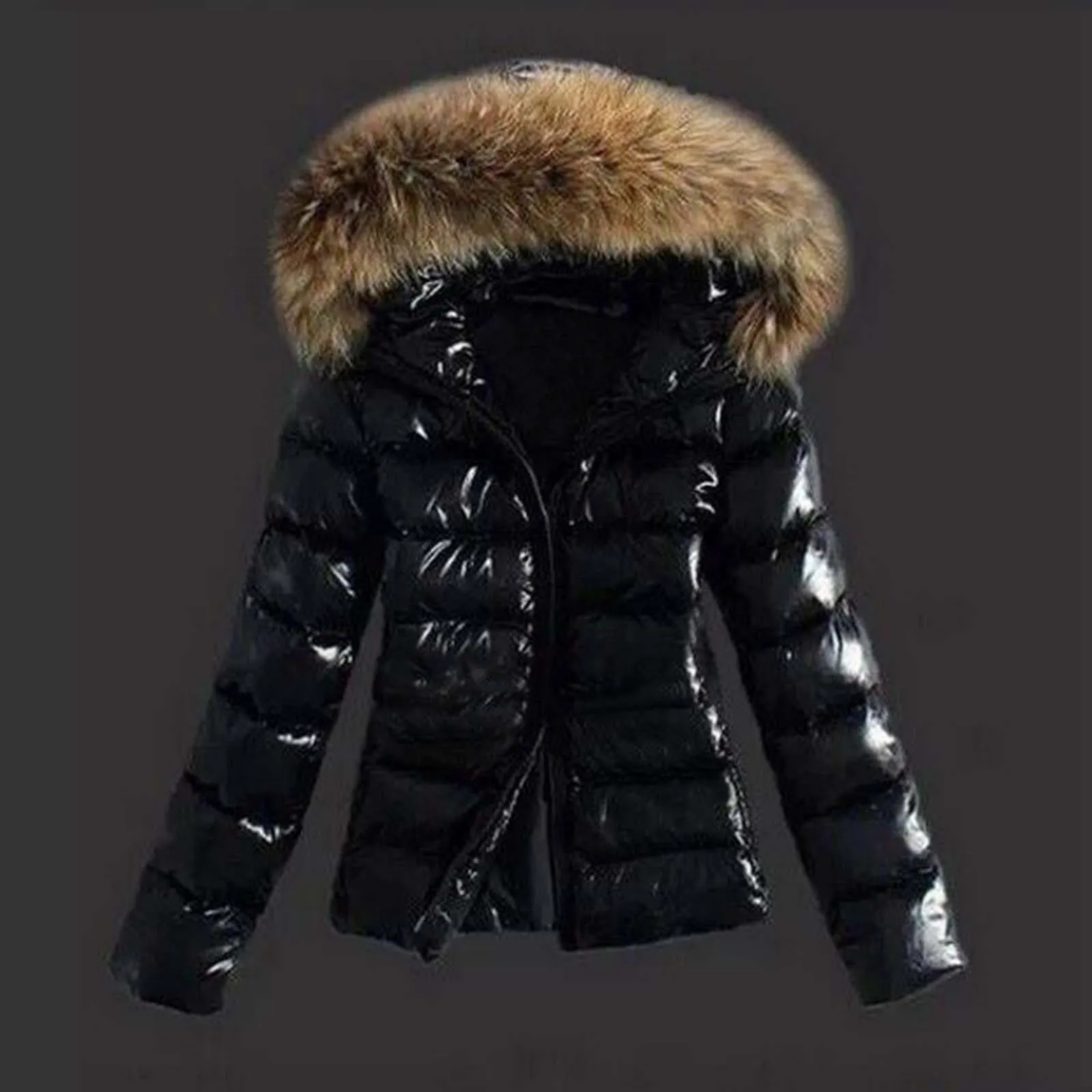 

Female Zipper Thicken Coat Women Winter Fashion Casual Slim Short Padded Faux Fur Collar with Non Removable Hooded Warm Paddeds