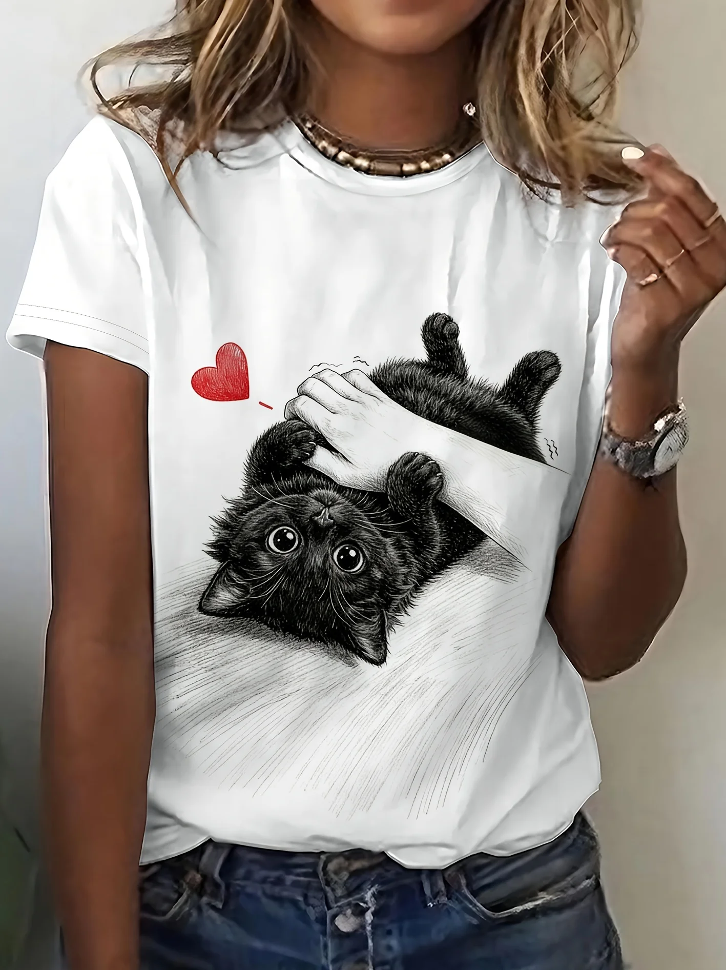 Women T‑shirt Short Sleeve Pocket Black Cat Red Heart Graphic Print O‑neck Casual Daily Summer Fashion Tee Top Women's Clothes