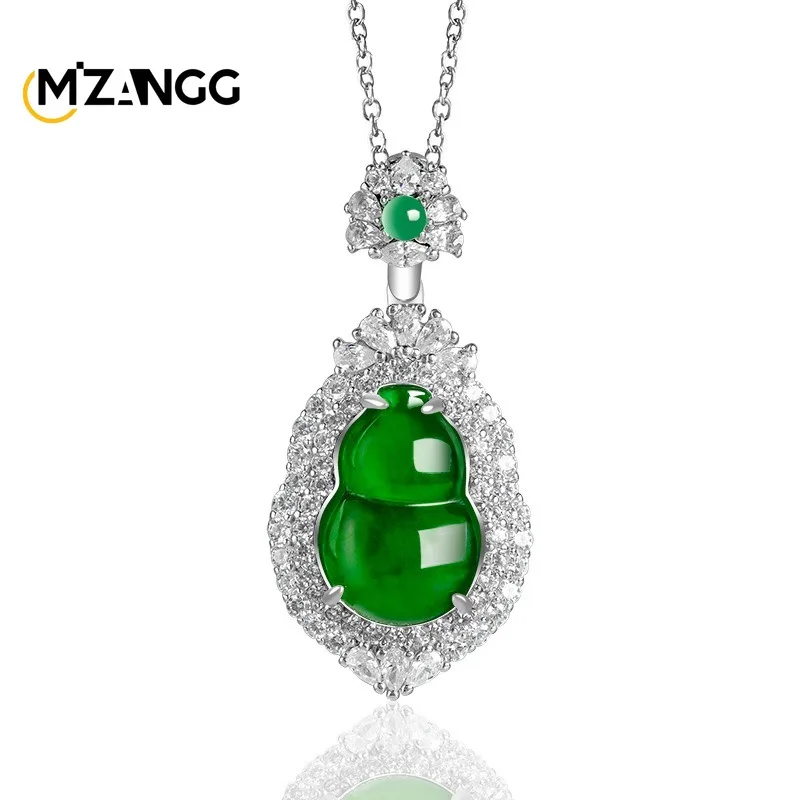 

S925 Silver Inlaid with Natural Jadeite Yang Green Gourd Ice Pendant Luxury Exquisite Women's Jade Necklace Jewelry Holiday Gift