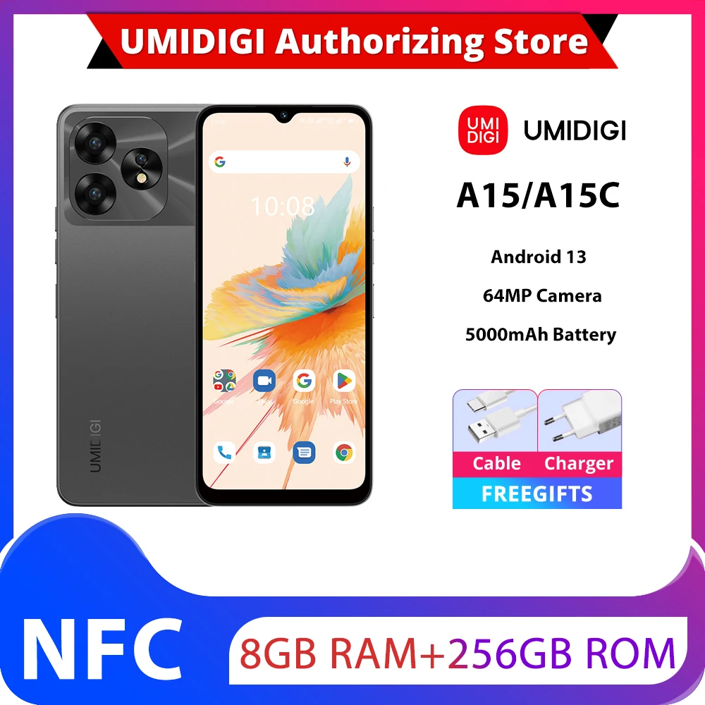 UMIDIGI A15, A15C NFC Android 13, 6,7-дюймовый FHD + экран, 8 ГБ 256 ГБ 128 ГБ, камера 64 МП, Octa Core,5000mAh