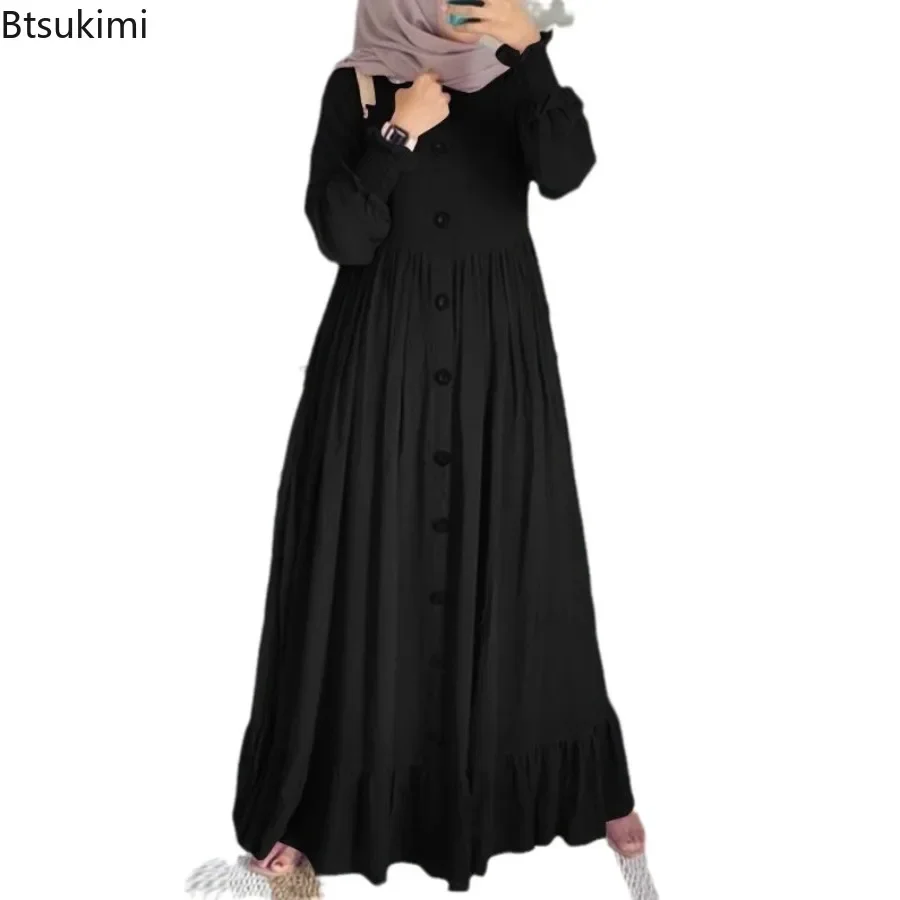 New Women Muslim Long Dresses Fashion Vintage Petal Sleeve Ruffle Hem Sundress Female Casual Cotton Linen Maxi Dress Muslim Robe