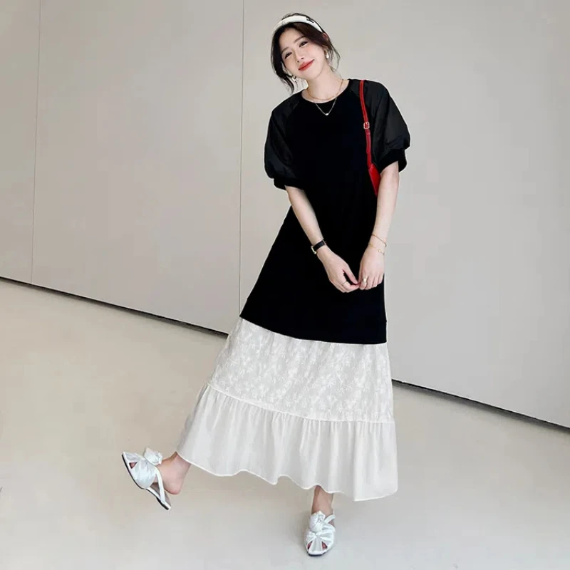 Estate 2025 delle donne Allentato Oversize Stile Francese Patchwork T-Shirt Abito Ricamo Lady Abiti Nuovo Abbigliamento Femminile KE665