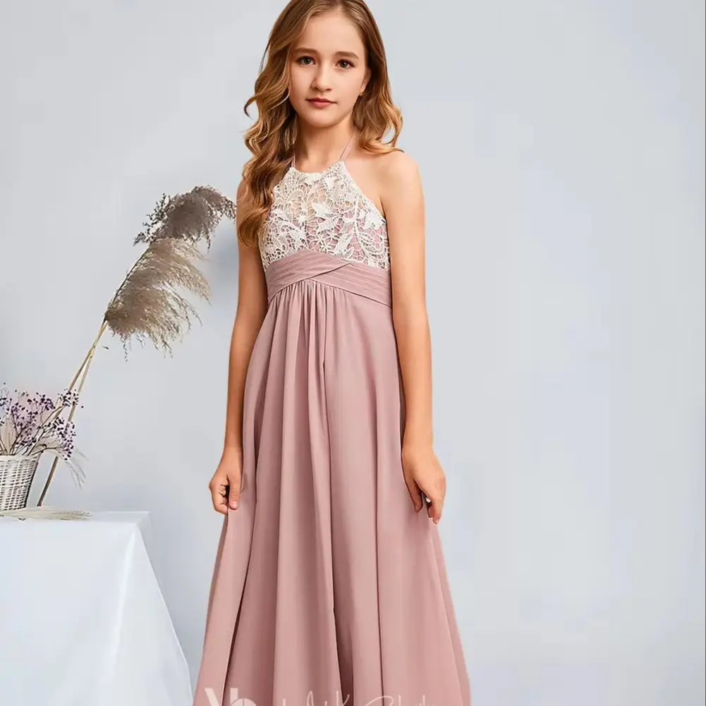 

BZA Kids A-Line Halter Floor-Length Chiffon Lace Junior Bridesmaid Dresses Dusty Rose Gorgeous Flower Girl Dresses Party Wedding