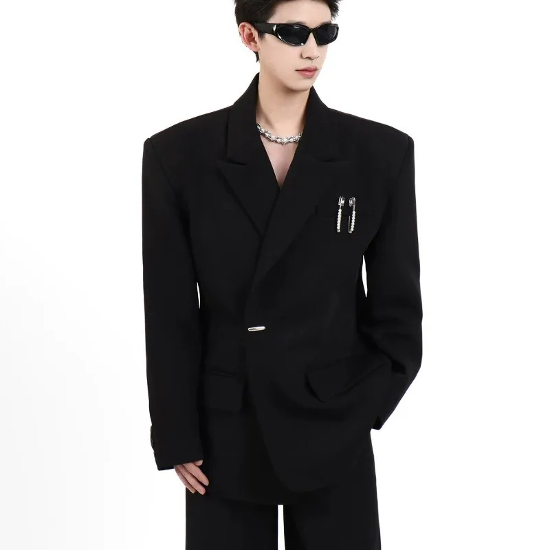 KIDWHXR Suit Coat Men Korean Simple Solid Turn Down Collar Male Outerwear Loose Long Sleeve Business Casual Versatile Man Balzer