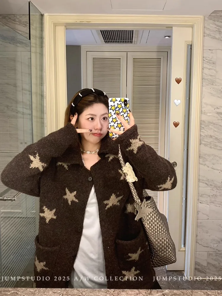 

Вязаный кардиган с воротником и звездным принтом для женщин осенью, ленивый, свободный, утягивающий, теплый свитер-куртка