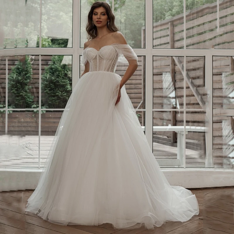 

Sweetheart Off Shoulder Pearls Pleated Zipper A-Line Tulle Wedding Dress Bridal Gown Vestido De Noiva