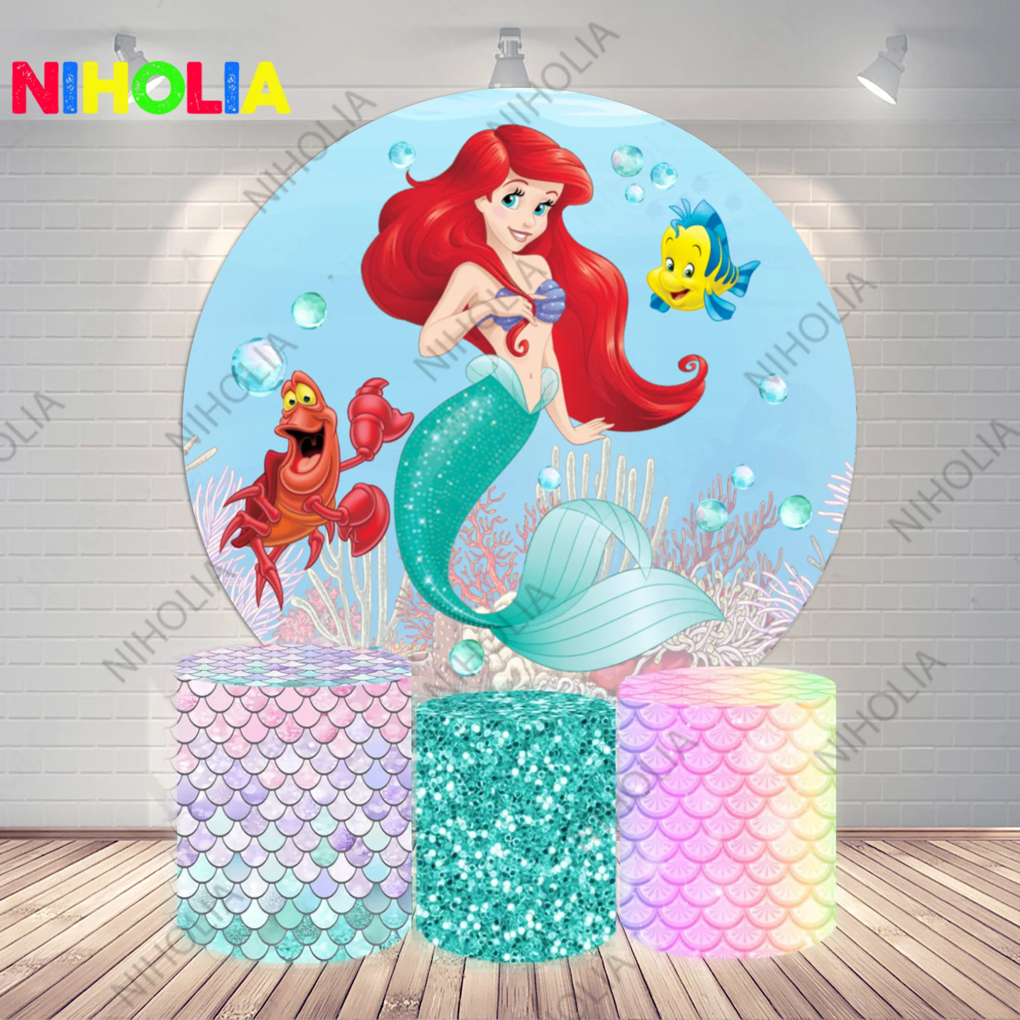 

Disney Mermaid Round Photo Backdrop Princess Birthday Party Decoration Baby Shower Circle and Cylinder Covers