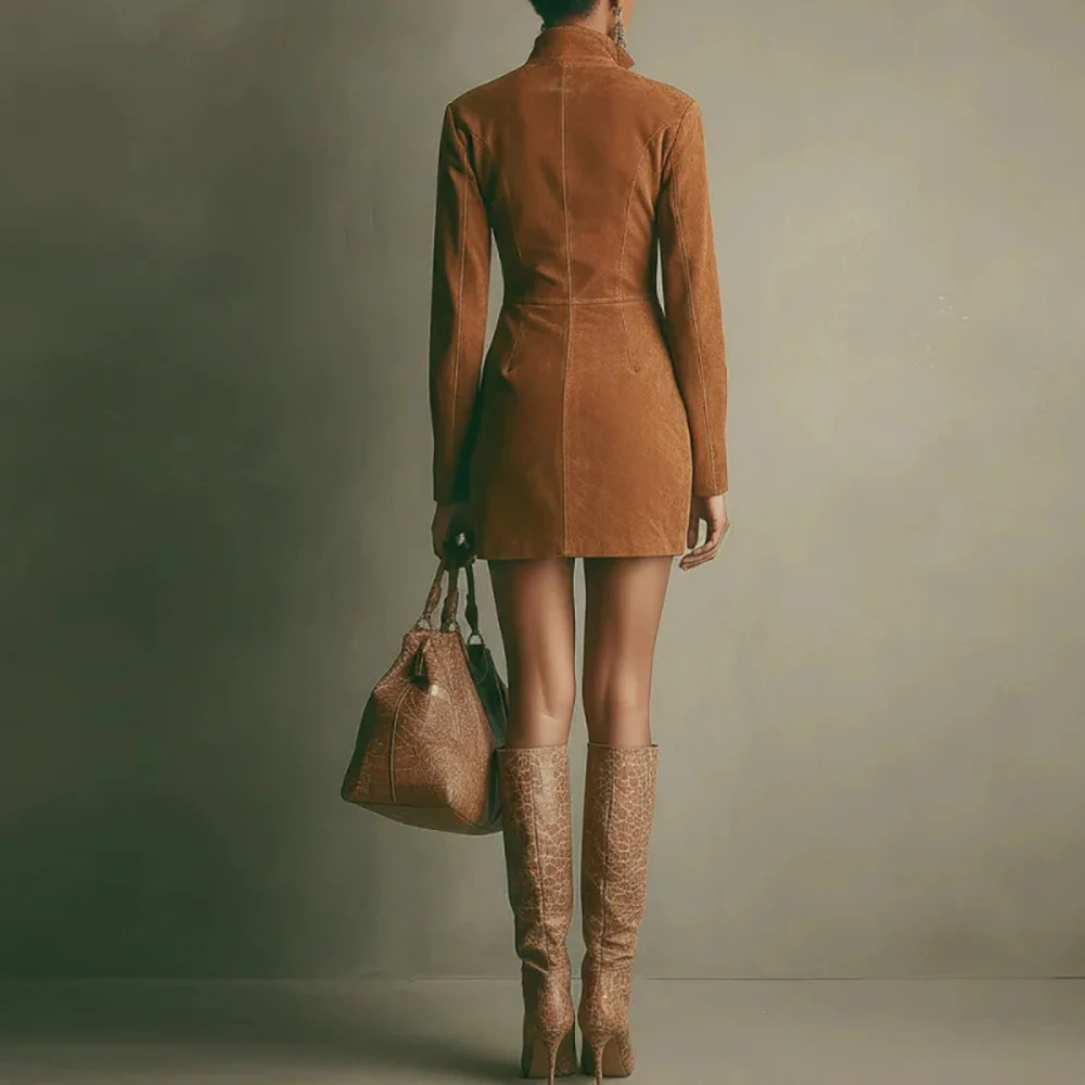 Women’s Suede Vintage Zipper Mini Dress Brown Long Sleeve A-Line Elegant High Neck Autumn Chic French High Street Short Dresses