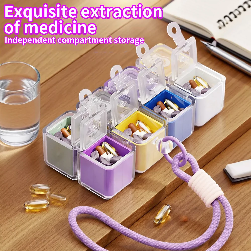 Organisateur de pilules Magic Cube, boîte à pilules portable à 8 compartiments avec cordon, étui à pilules de voyage mignon et coloré, petit étui pour vitamines quotidiennes