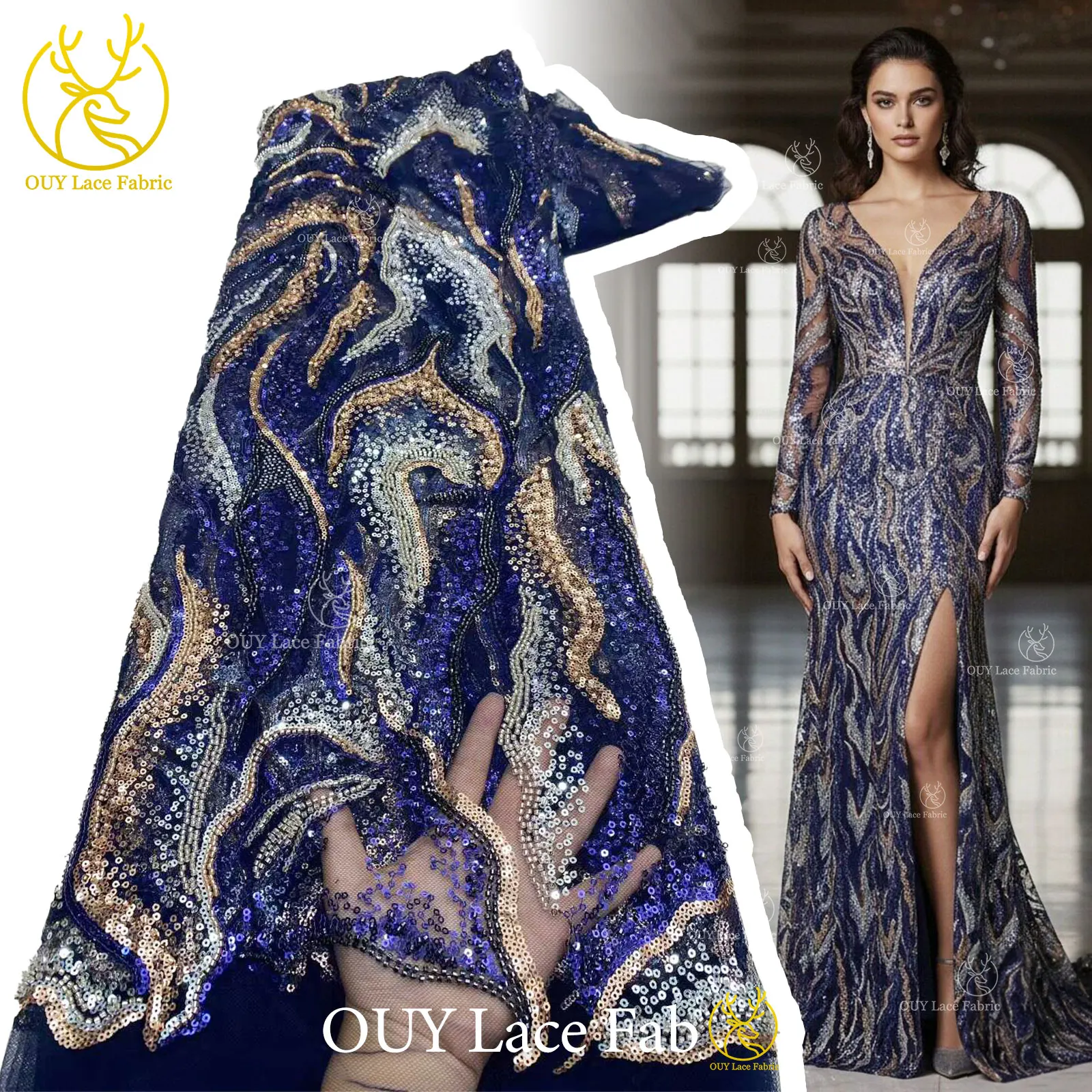 

Luxury Nigerian Mesh Sequin Lace Fabric 5 Yards African Groom Embroidered Beaded Lace Fabric For Women's Wedding Gown Design