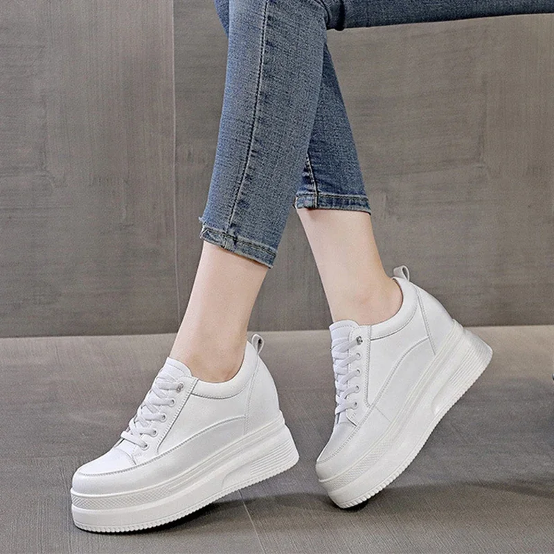 2025 Spring Autumn Genuine Leather Shoes Women Flats Elegant Platform Ladies Height Increasing Shoes 8cm Black White YX48350