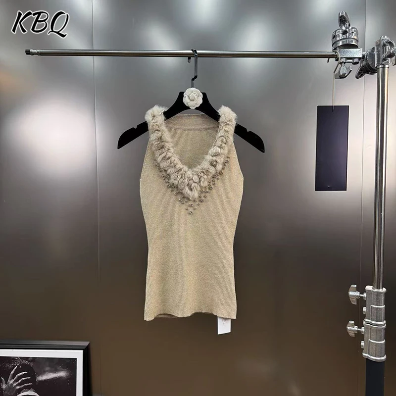 

KBQ однотонные утягивающие сексуальные топы с перьями для женщин, v-образный вырез, без рукавов, лоскутный вязаный жилет с бриллиантами, женская мода, зима