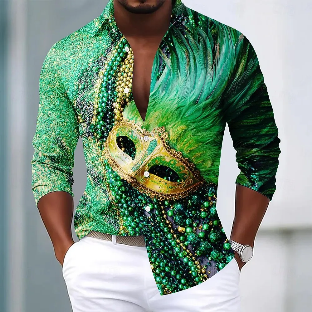 

Марди Гра Мужская карнавальная маска с бусинами и перьями Рубашка с длинным рукавом Модные повседневные рубашки на пуговицах с 3D принтом для вечеринок и праздников