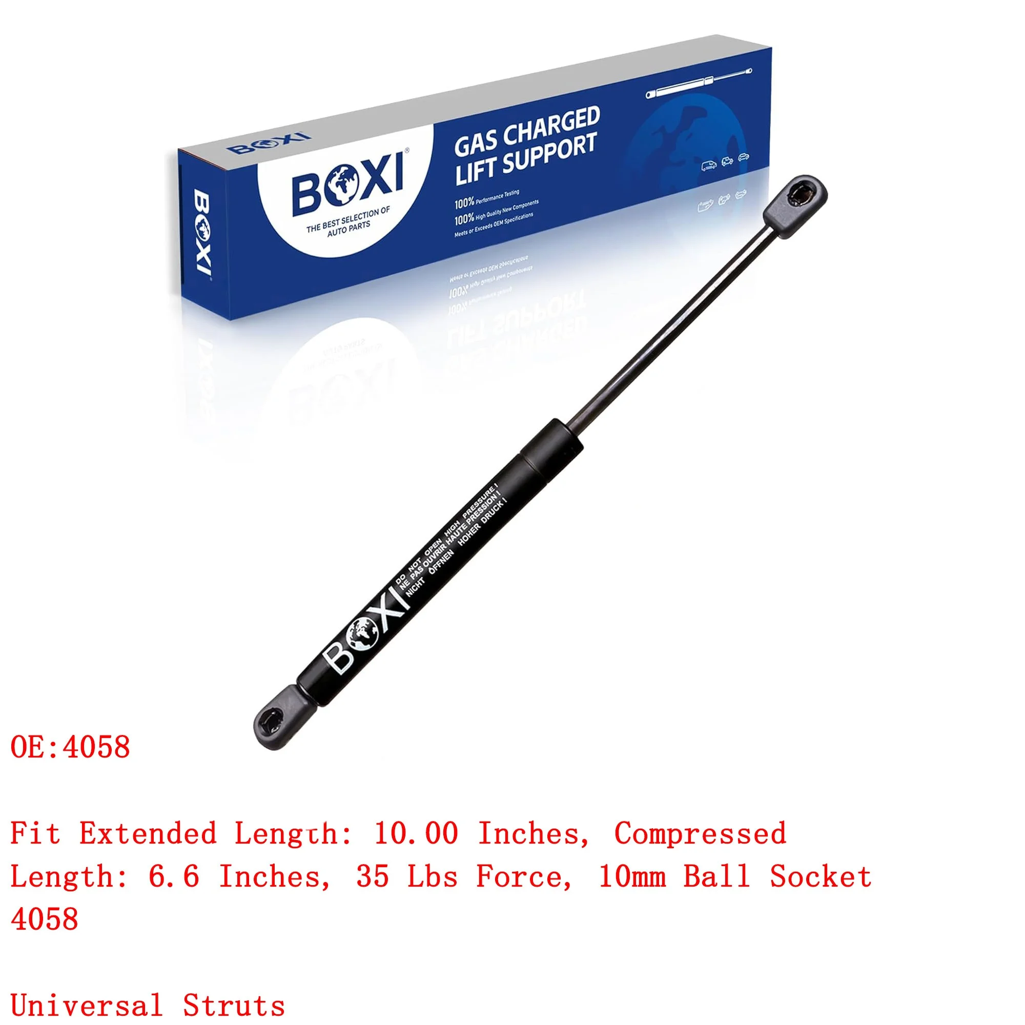 BOXI 4058 Universal Lift Support Extended Length: 10.00 Inches, Compressed Length: 6.6 Inches 35 Lbs Force 10mm Ball Socket 4058