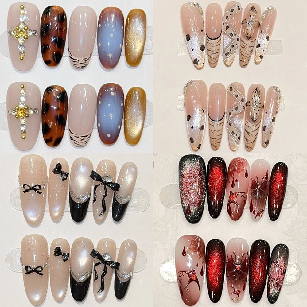 

Gentle Elegant Cat Eyes Gradients French Handmade Long Stiletto Press On Nails Diamond Flower Bowknot Leopard Print False Nails