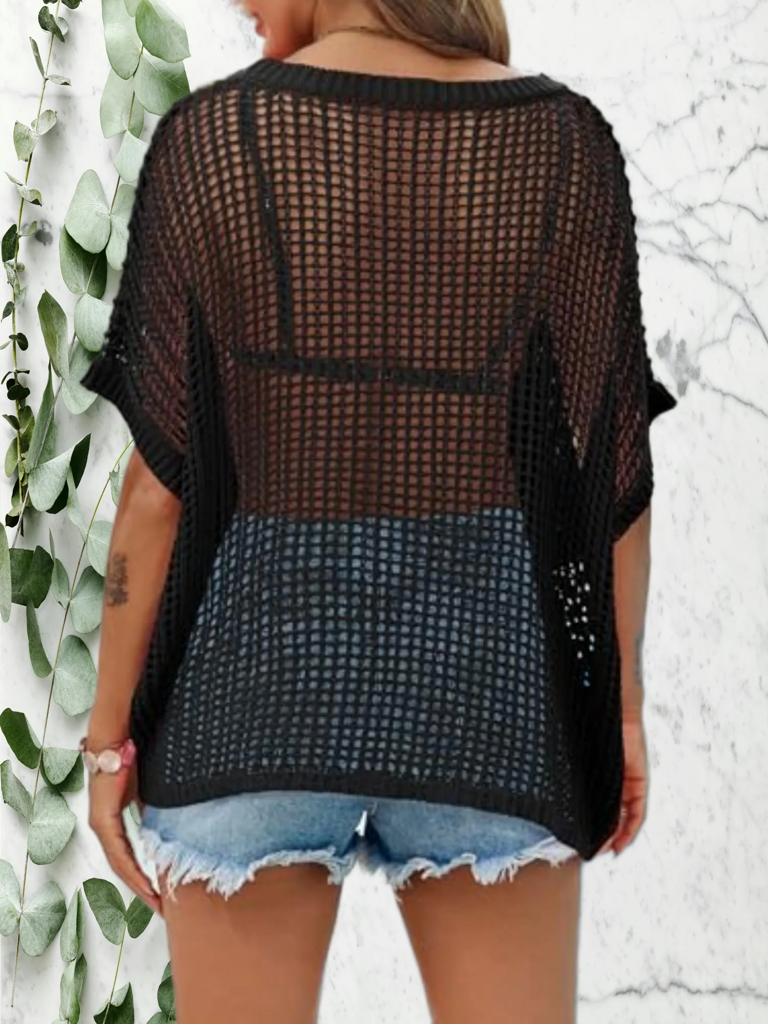 女性用かぎ針編みセータートップス バットウィング ハーフスリーブ オーバーサイズ ボートネック ボヘミアンニット サマービーチカバーアップ