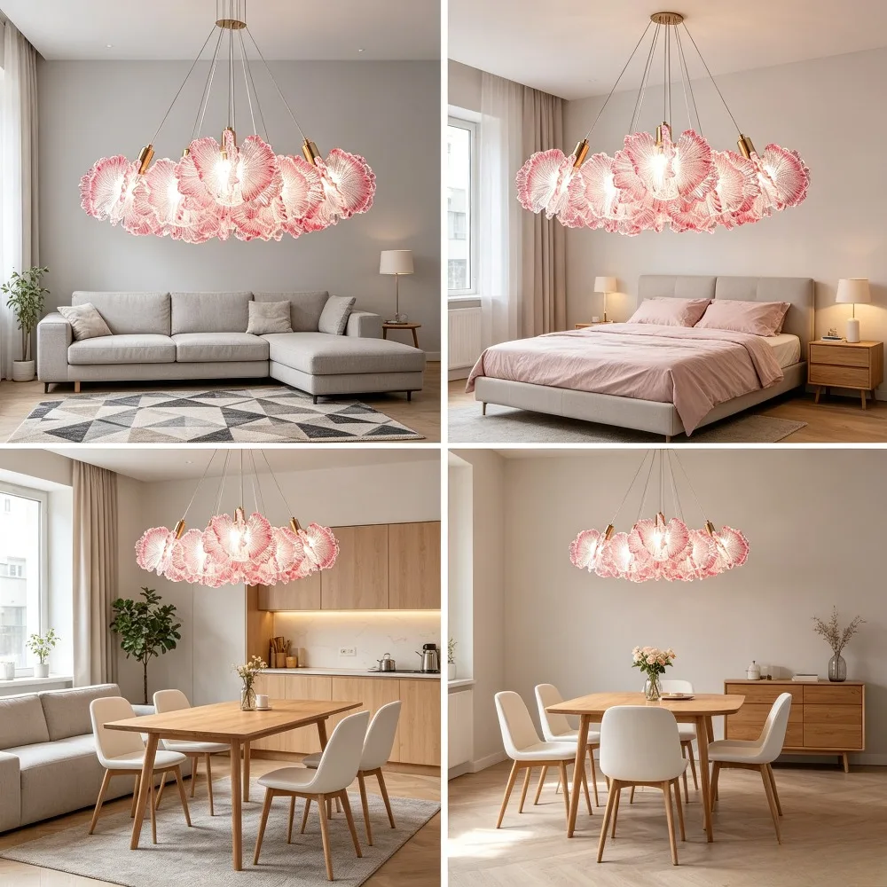 Modern Flower Petal Chandelier Pink for Bedroom Living Room Round French Clear Flower Pendant Lights for Foyer Dining Room Lamp
