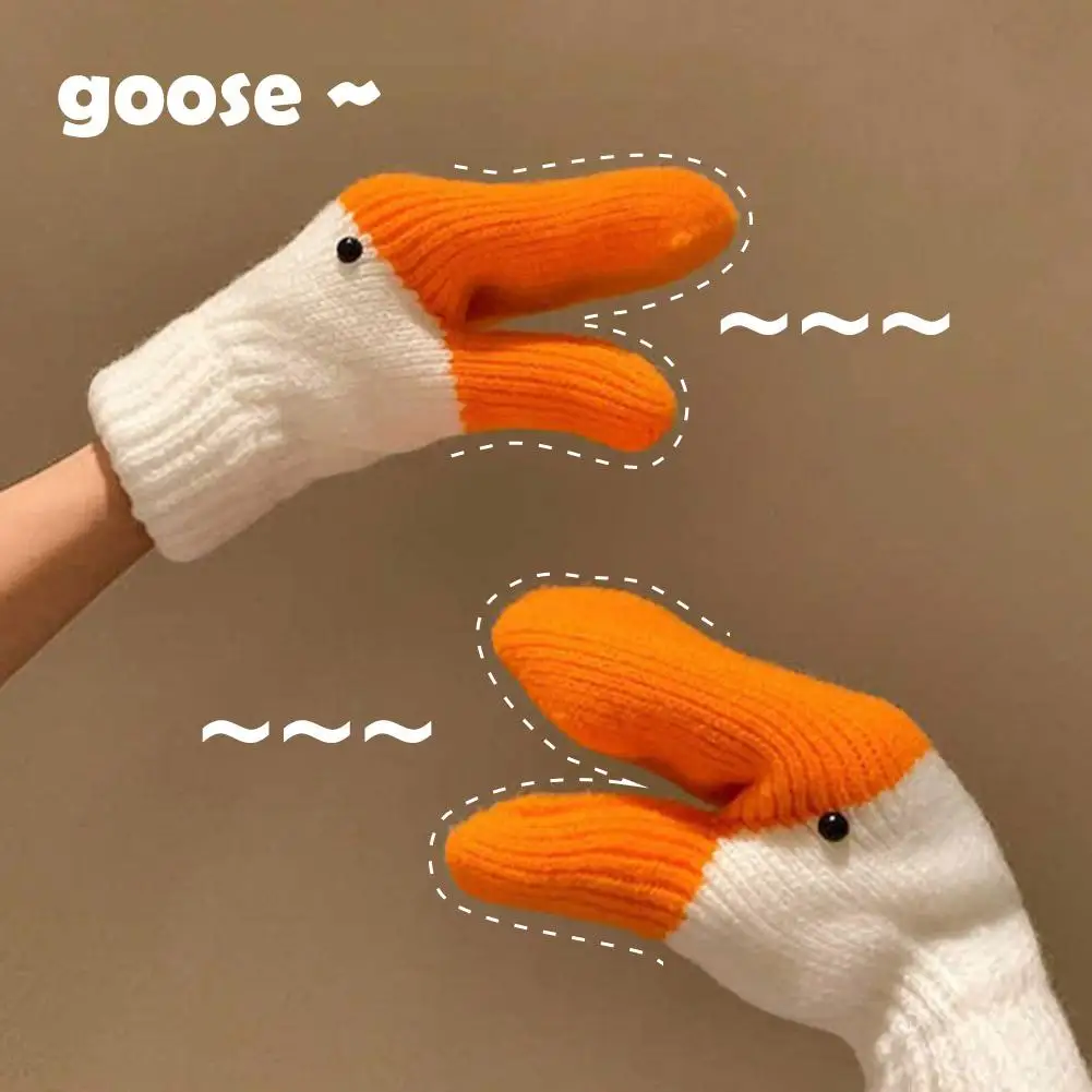 Creative Funny Big Goose Knitted Gloves Women Winter Warm Fleece-lined Thickened Cold-Proof Student Riding Driving Mittens