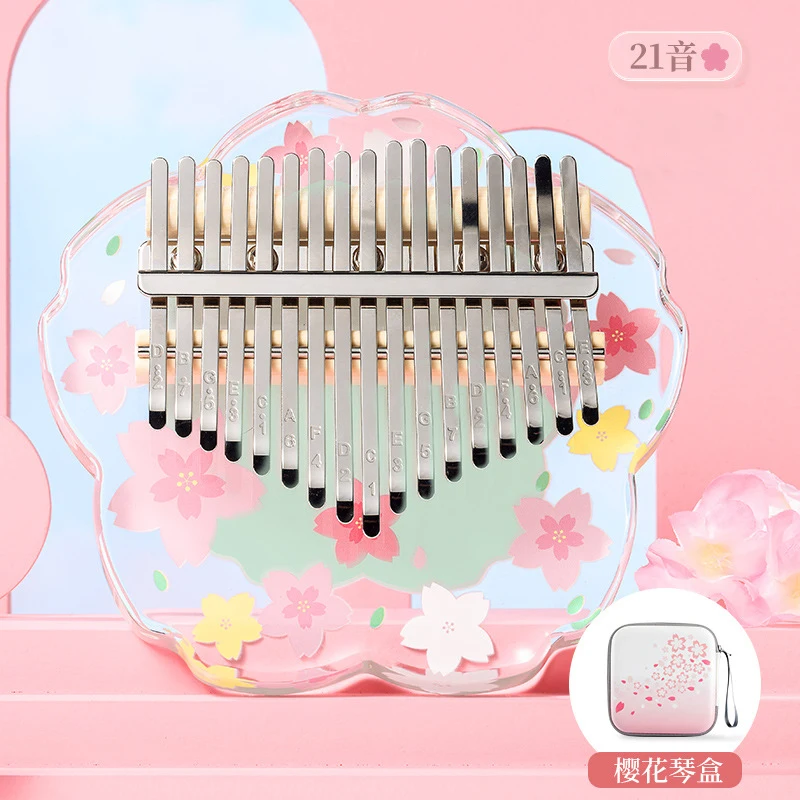 Cherry Blossoms Acrylic Kalimba for Beginner, Thumb Piano, Creative Keyboard, Musical Instrument with Accessories, 17, 21 Key