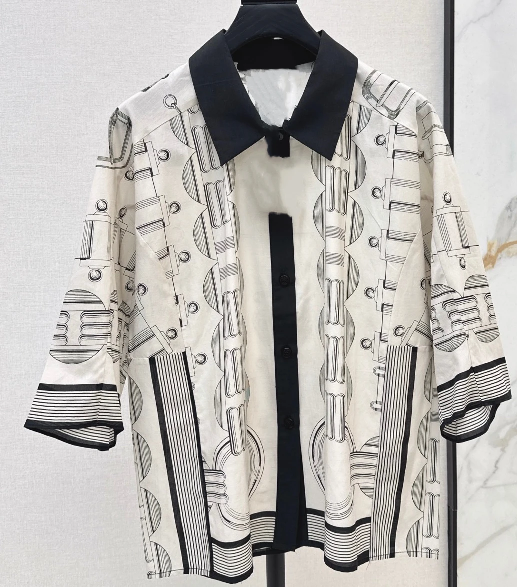 27ss Loose Silk Cotton short sleeve brand turn down collar designer shirts clothing for women