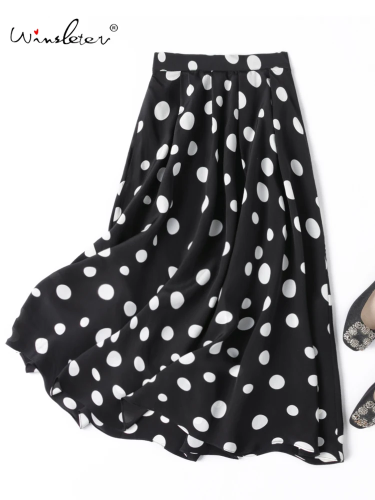 

Winsleter- Women 100%Real Silk Elegant Skirts, Elastic Waist Dot Print, French Retro Hepburn Style Skirt, 2025 Spring B52515CC