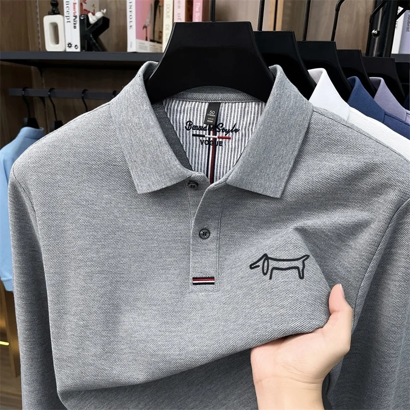 Herbst Neue Mode Herren Einfarbiges Polohemd mit Revers und Print 100% Baumwolle Komfortables Langarm-T-Shirt Vielseitige Alltagskleidung für Herren – Detail 7