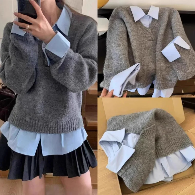 

Color Contrast Sweater Patchwork Shirt Fake 2 Overlapping Women Spring Winter Korea Bottom Sweater Commuter Uniform Size Top New