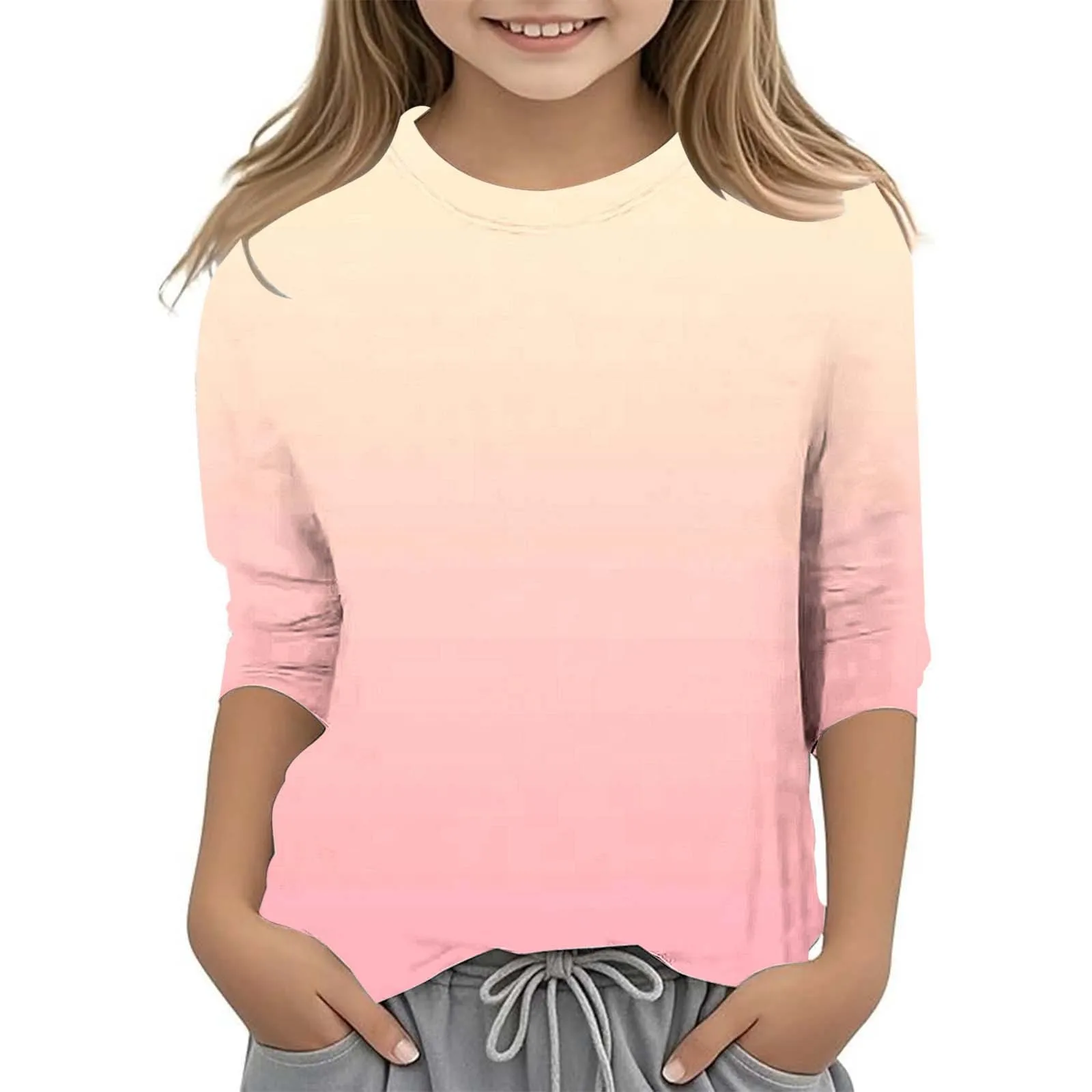 Girls's Gradient Printed Fashionable Versatile Round Neck 3/4 Quarter Sleeve Casual T Shirt Top Easter Shirt Girls