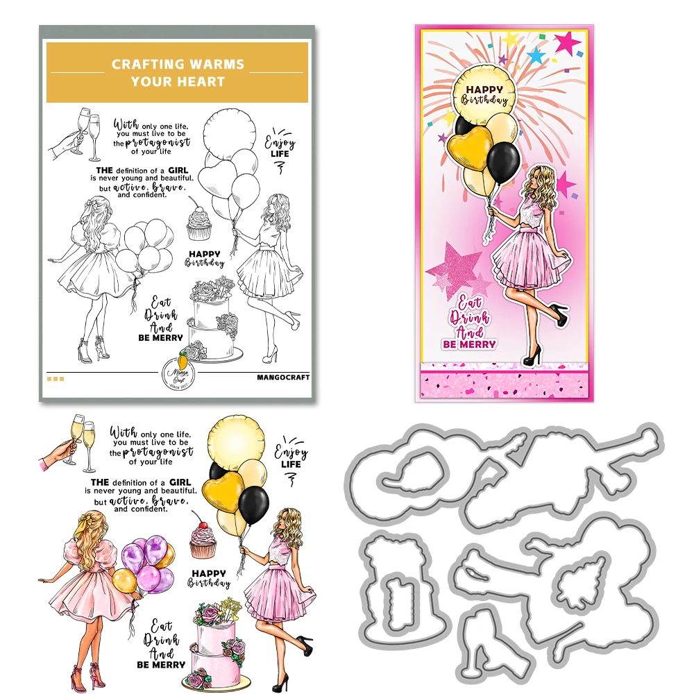 Mangocraft Happy Birthday Cake Balloon Girl Cutting Dies Clear Stamp DIY Scrapbooking Metal Dies Silicone Stamp For Cards Albums