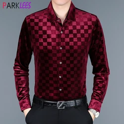 Wine Red Plaid Velvet Mens Dress Shirts 2022 Winter Brand New Slim Fit Long Sleeve Velour Shirt Men Casual Button Down Chemise