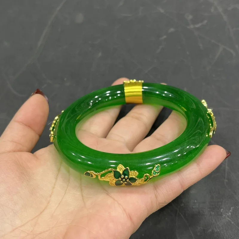 

Natural Full Green Women'S Round Bar Quartz Rock Inlaid Gold Blossom Wealth Jade Bracelet