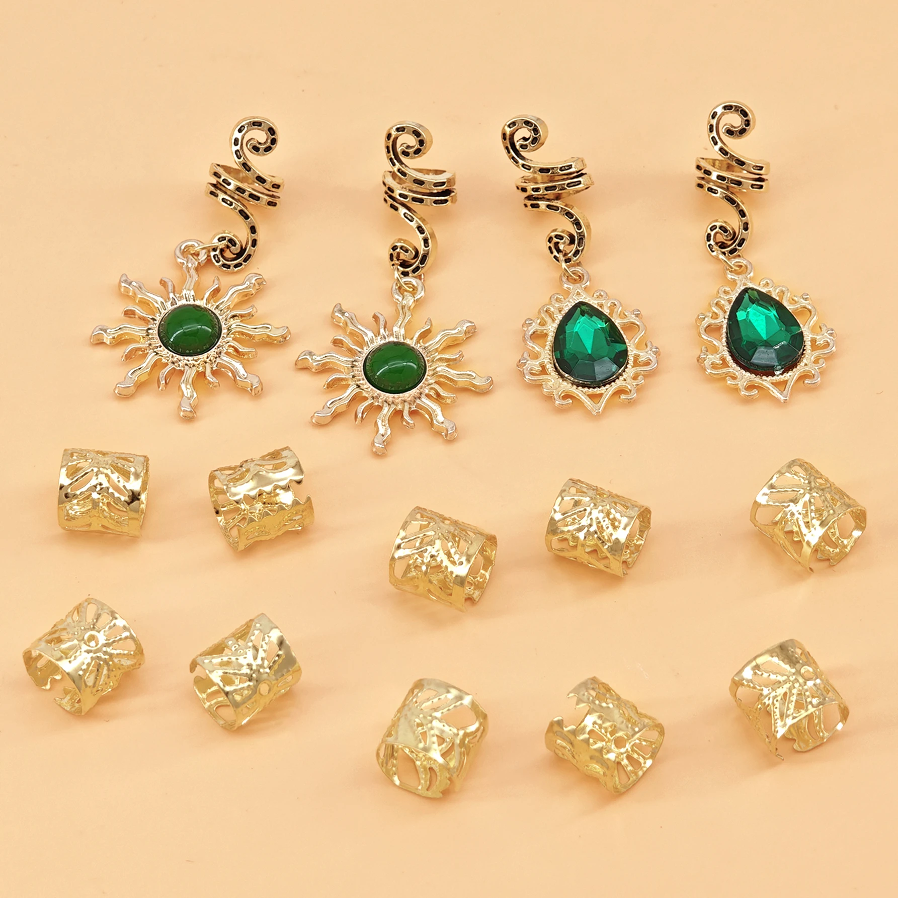 14PCS Sun Pattern Alloy Filigree Inlaid Rhinestone Teardrop Pendant Dreadlock Hair Braid Rings Hair Jewelry Accessories for girl