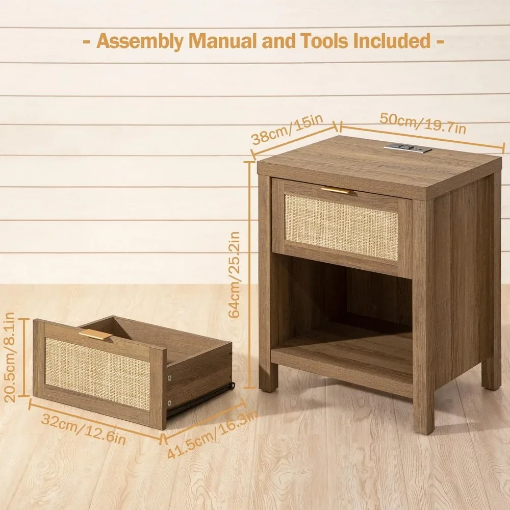 Rattan Nightstand Farmhouse Night Stands with Charging Station Bedside Table with Drawer Boho End Table with image 6