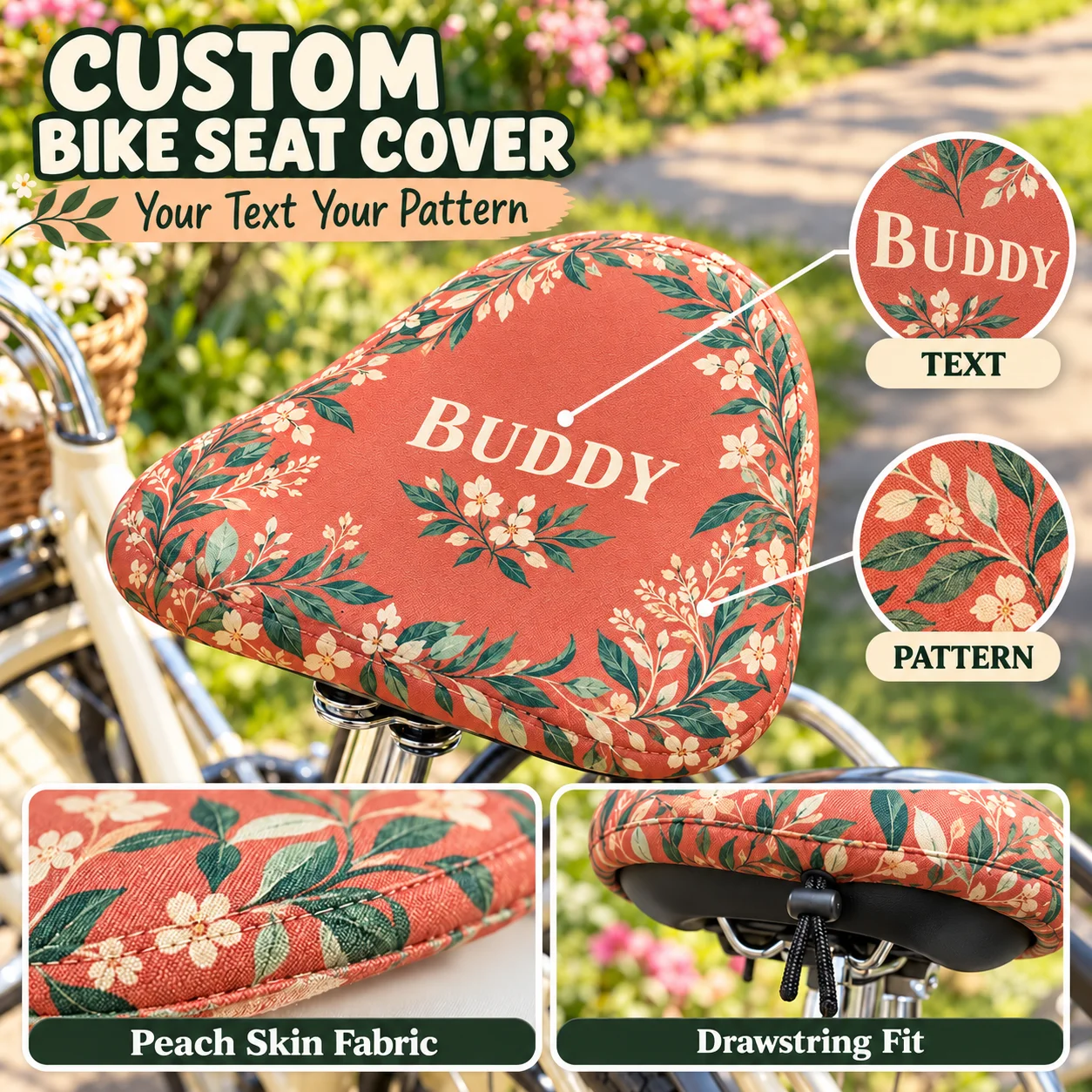 Custom Bicycle Seat Cover Personalized Name Text Pattern Peach Skin Fabric Drawstring Saddle Protector for Daily Cycling Commute