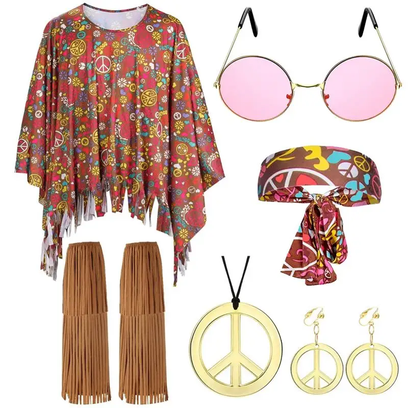 6Pcs/Set Women Hippie Costume Set 60s 70s Costume Outfit Kit Hippie Poncho Peace Sign Necklace Earrings Sunglasses Ankle Socks