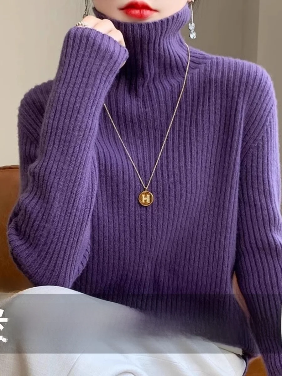 

Утепленный женский вязаный шерстяной свитер с высоким воротником, свободный крой, большие размеры, новинка весенней коллекции, базовая модель из трикотажа.